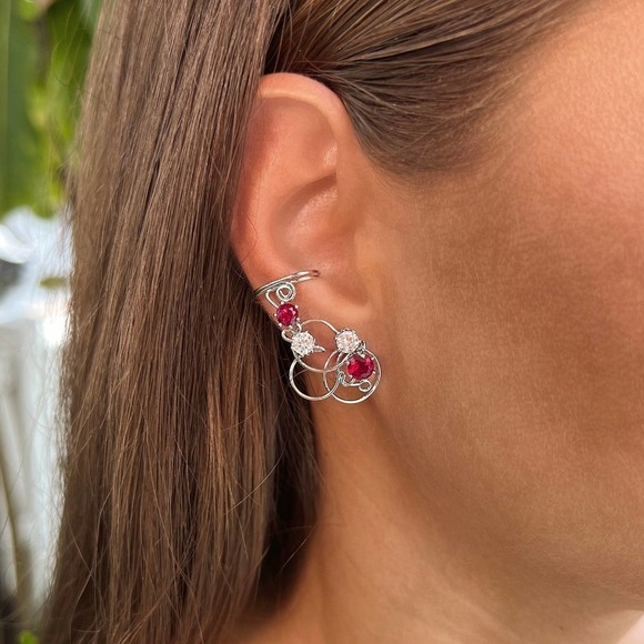 NEW!!! Curved  non pierced ear cuffs with Ruby - Sterling silver 925 - Picture 1 of 2
